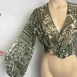 Zara Cropped Blouse Small Green Boho Long Baloon Sleeve Cropped Top Cover Tulum